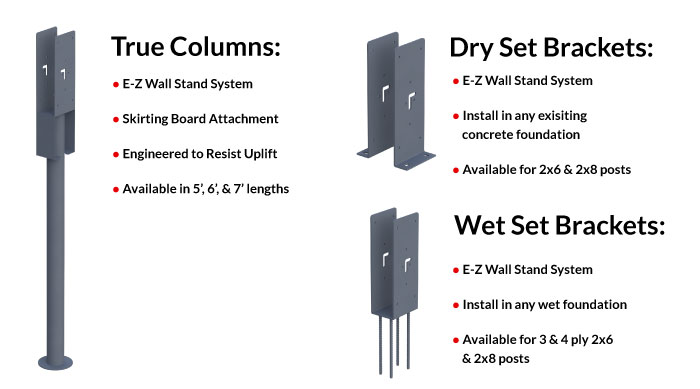 True Column Post Frame Foundation Support includes Columns, Wet Set Brackets and Dry Set Brackets